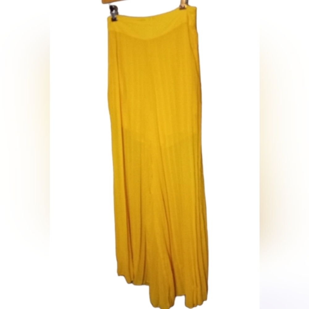 Womans sheer yellow pleated wide leg pant
